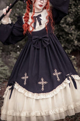 Retro Doll Collar Chest Bow Cross Embroidery Print Dark Girl Gothic Lolita OP Dress